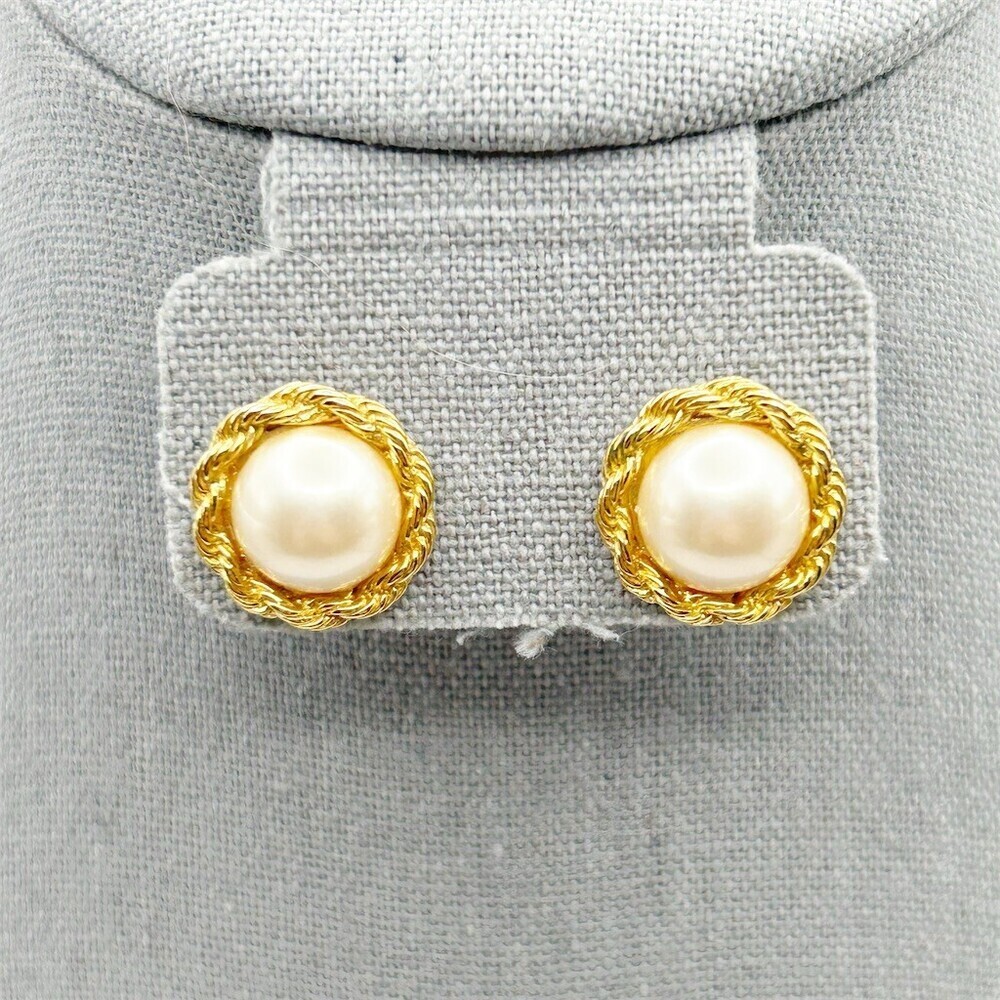Vintage Trifari Womens Faux Pearl Rope Twist Gold Tone Button Stud Earrings